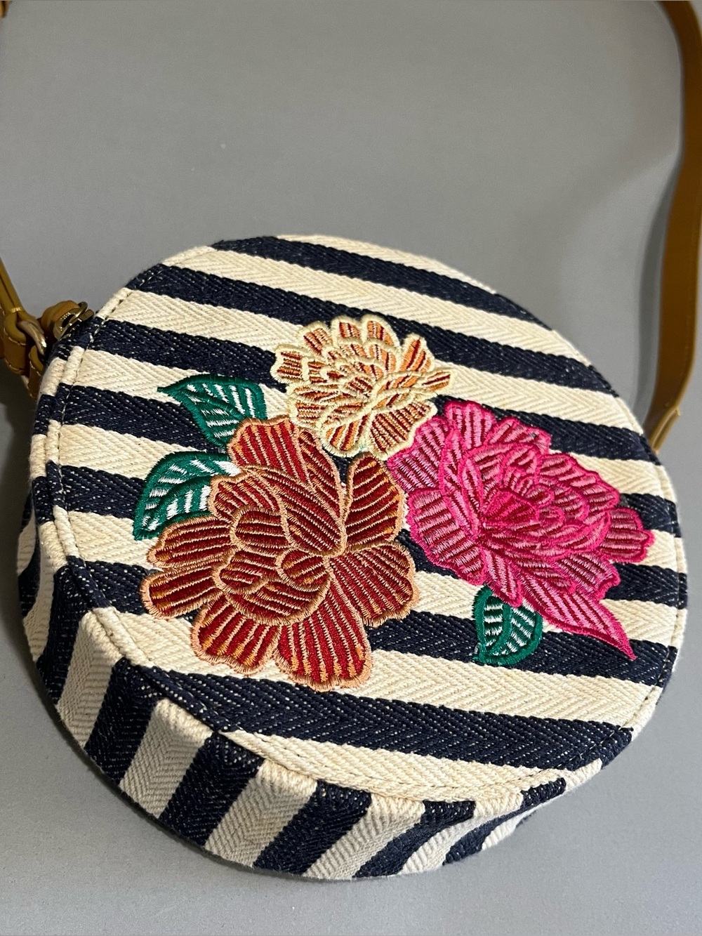 NWT Chico’s Striped Round Crossbody Bag with Floral Embroidery - Navy & Cream